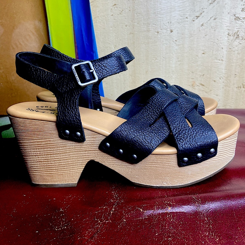 Black Leather Kork-Ease Platform Clog Sandal Size 10